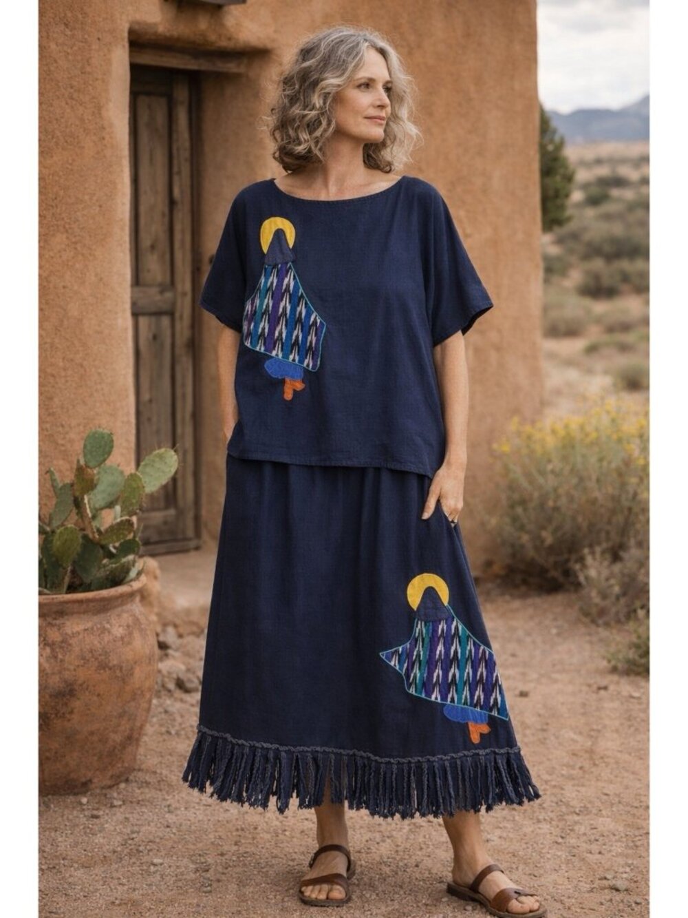 VTG Alfredo’s Wife 2pc Cotton Set Artsy Appliqué Top Skirt Fringe Hem SZ Small